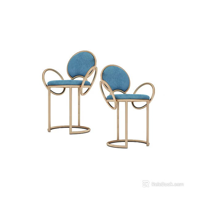 Two Modern Blue Bar Stools With Metal Frame And Comfortable Armrests 3d model 