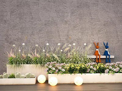 Beautiful Green Grass White Blooms Pink Flowers in White Planters with Glowing Lights Rabbit Decor 3d model