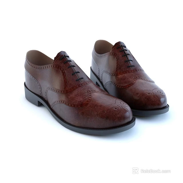 Brown Leather Brogue Shoes with Black Laces and Perforated Design on Black Sole 3d model 