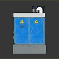 Computer Equipment Cabinet Blue With Yellow Warning Signs And Concrete Base