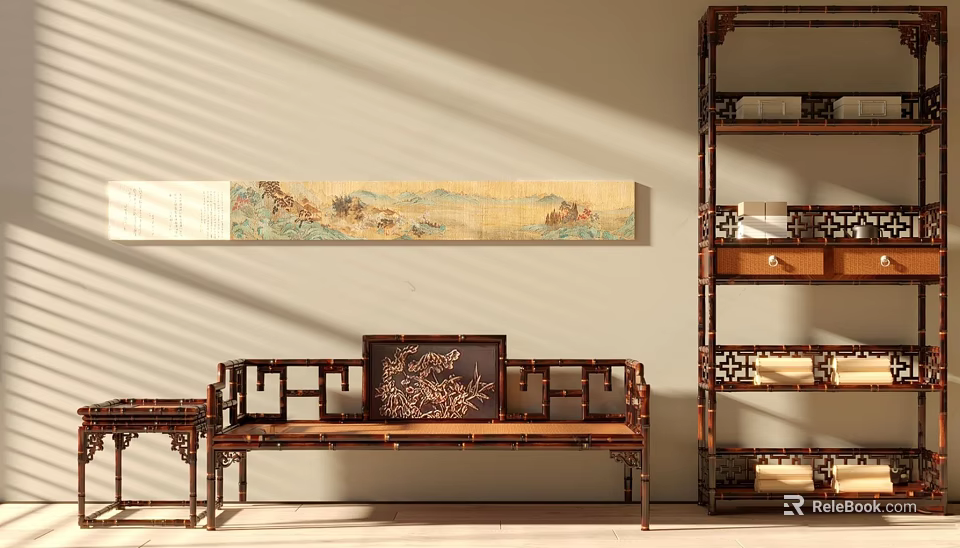 Traditional Wooden Arhat Bed In Chinese Interior With Scroll Painting And Shelf Unit 3d model 