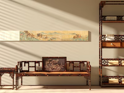 Traditional Wooden Arhat Bed In Chinese Interior With Scroll Painting And Shelf Unit 3d model