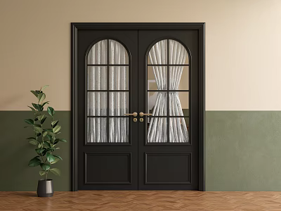 Black Double Doors With Arched Gridded Glass Panels Brass Handles Green Plant Beige Green Walls 3d model