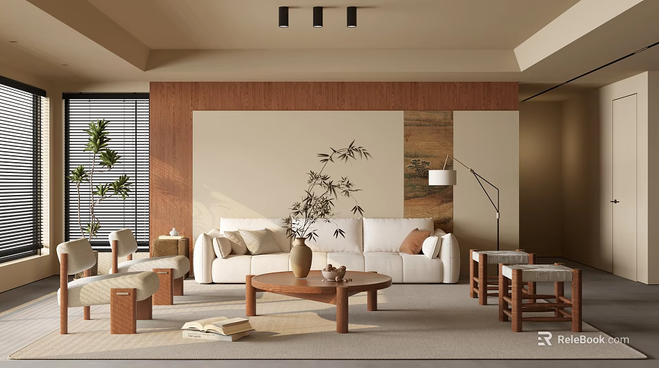 Modern Living Room Interior With Wooden Accents Beige Sofa Coffee Table And Floor Lamp 3d model 