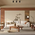 Modern Living Room Interior With Wooden Accents Beige Sofa Coffee Table And Floor Lamp