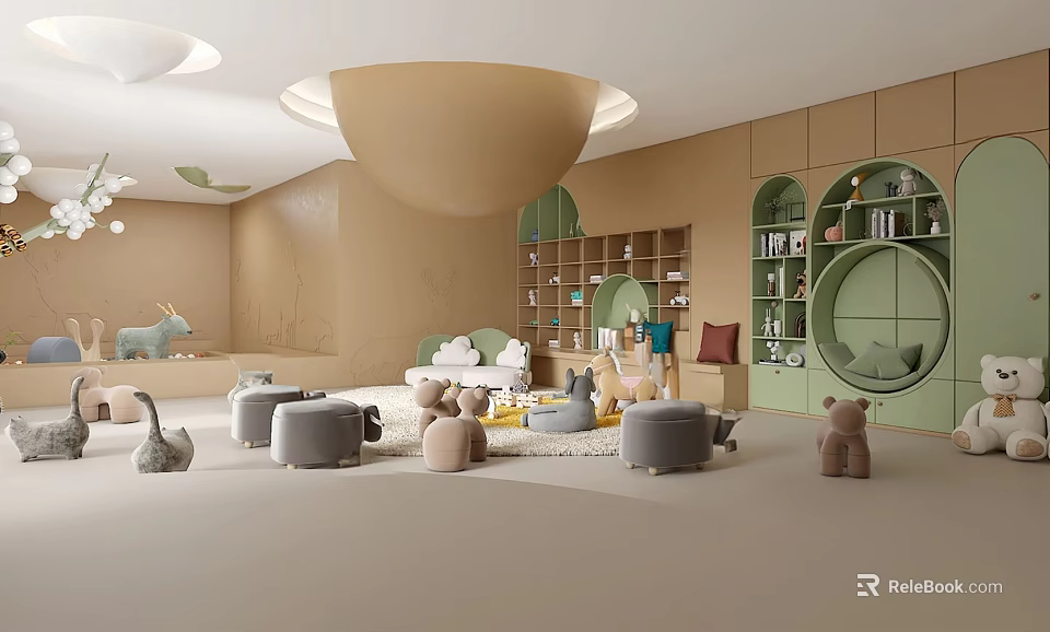 Kids Playroom Interior With Beige Walls Green Curved Bookshelves Stuffed Toys And Animal Figurines 3d model 