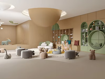Kids Playroom Interior With Beige Walls Green Curved Bookshelves Stuffed Toys And Animal Figurines 3d model