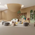 Kids Playroom Interior With Beige Walls Green Curved Bookshelves Stuffed Toys And Animal Figurines