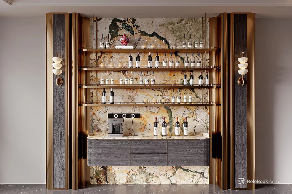 Luxury Wine Cabinet With Marble Backdrop And Multi Tiered Shelves For Bottles 3d model 