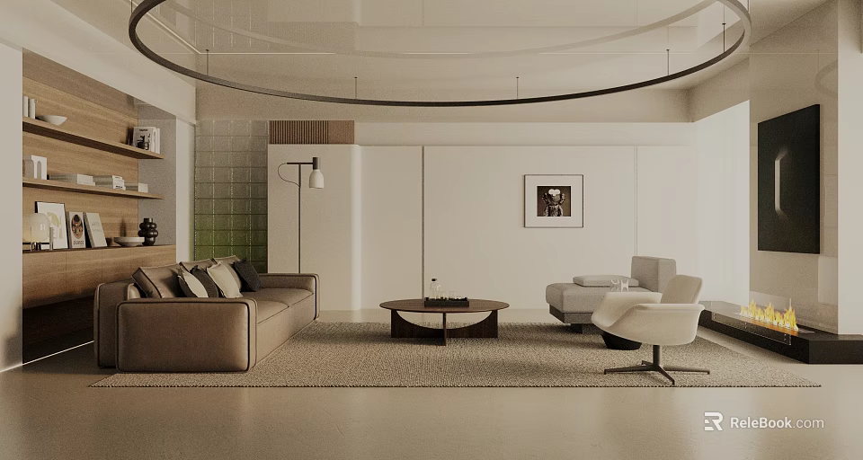 Modern Living Room Interior Design With Beige Sofa Coffee Table Armchair And Decorative Painting 3d model 