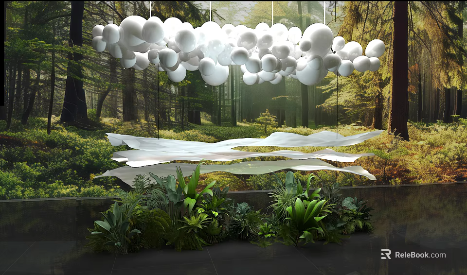 Enchanting Photo Spot With Hanging White Spherical Lights Flowing Fabrics Green Plants And Forest Backdrop 3d model 