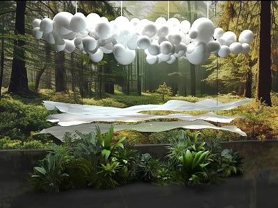 Enchanting Photo Spot With Hanging White Spherical Lights Flowing Fabrics Green Plants And Forest Backdrop 3d model