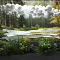 Enchanting Photo Spot With Hanging White Spherical Lights Flowing Fabrics Green Plants And Forest Backdrop