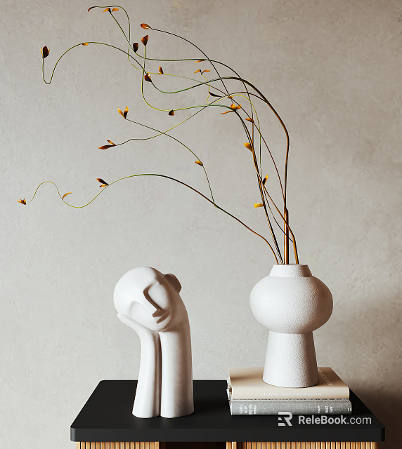 Decorative Ornament Set with White Sculpture Vase and Curved Branches in Minimalist Design 3d model 