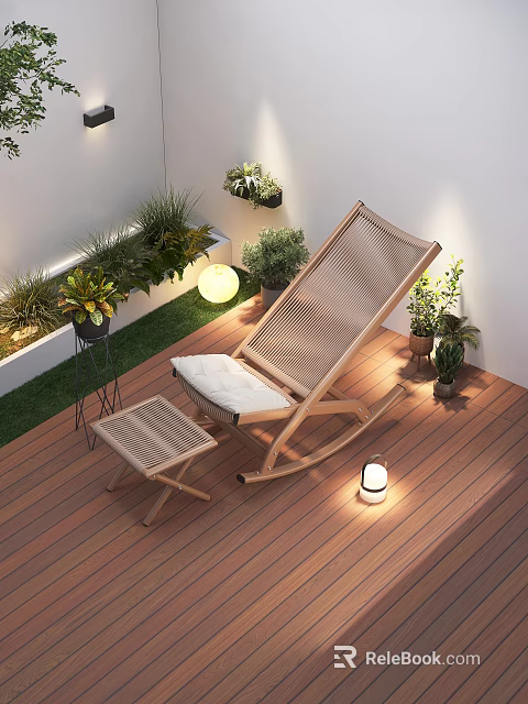 Cozy Wooden Deck Chair on Outdoor Wooden Deck with Small Stool Plants and Lanterns 3d model 