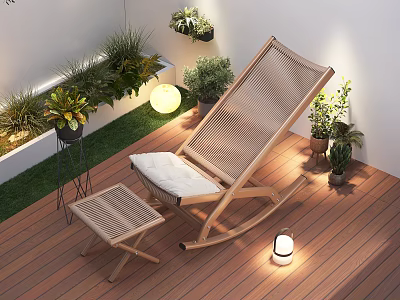 Cozy Wooden Deck Chair on Outdoor Wooden Deck with Small Stool Plants and Lanterns 3d model