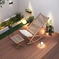 Cozy Wooden Deck Chair on Outdoor Wooden Deck with Small Stool Plants and Lanterns