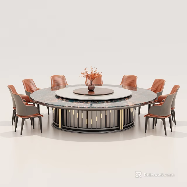 Luxury Round Dining Table Set with Marble Top Central Turntable and Orange Dining Chairs 3d model 