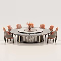 Luxury Round Dining Table Set with Marble Top Central Turntable and Orange Dining Chairs