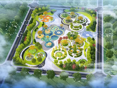 Modern Park Landscape With Circular Gardens Water Features Lush Trees And Surrounding Paths 3d model