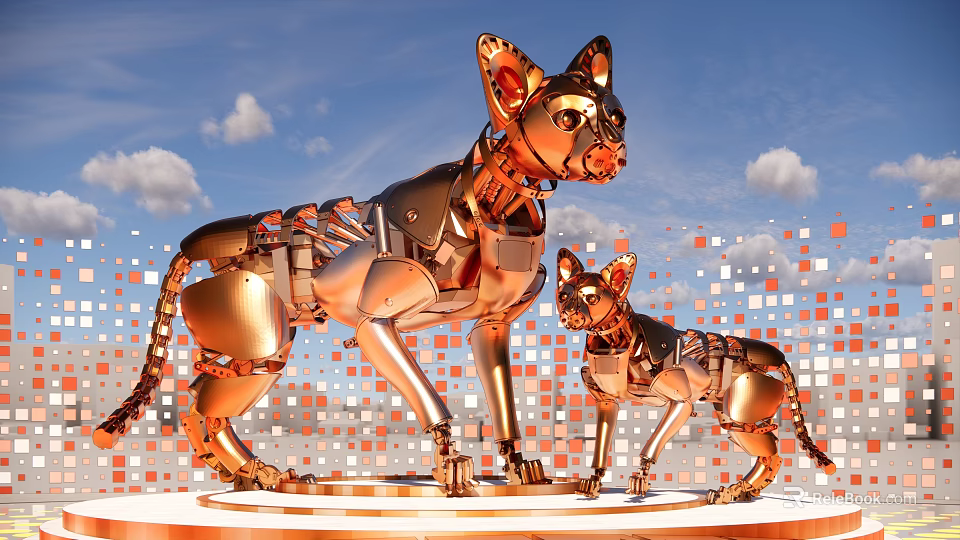 Smart Robot Cats In Golden Mechanical Design Against Blue Sky And Pixelated Background 3d model 