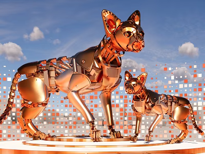 Smart Robot Cats In Golden Mechanical Design Against Blue Sky And Pixelated Background 3d model
