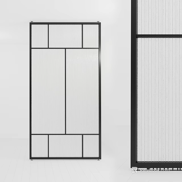 Modern Interior Partition With Black Frame And Ribbed Glass Panels Design 3d model
