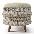 Beige Woven Stool With Tassel Accents And Wooden Legs For Home Decoration