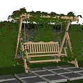 Outdoor Wooden Bench Swing With Ivy Covered Pergola Green Ivy Wall Stone Path