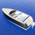 Top View Of Light Wooden Boat With Blue Seats On Purple Water Background