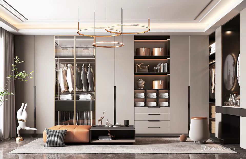 Modern Walk in Closet Interior With Clothing Racks Drawers And Storage Boxes 3d model 