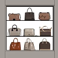 Handbags Displayed on Shelves in Showcase with Various Styles Colors Including Brown Black White Beige