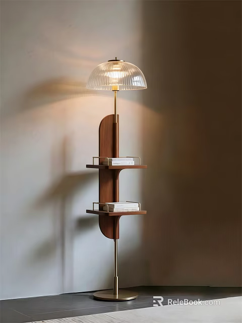 Modern Floor Lamp with Wooden Shelves and Decorative Books Transparent Lampshade for Living Room Decor 3d model 