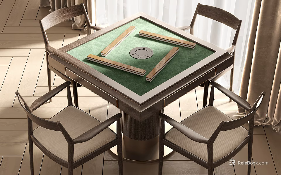 Wooden Entertainment Table With Green Mahjong Tabletop And Four Chairs In Bright Room 3d model 