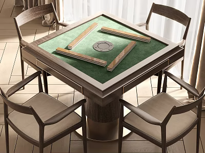 Wooden Entertainment Table With Green Mahjong Tabletop And Four Chairs In Bright Room 3d model
