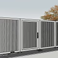 Dark Gray Metal Gate With Vertical Slats And Autumn Tree In Yard