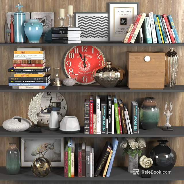 Decorative Ornament Combination With Books Clocks Vases And Shelf 3d model 