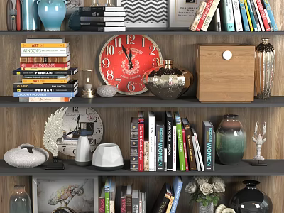 Decorative Ornament Combination With Books Clocks Vases And Shelf 3d model