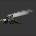 Green Robot With Blue Spherical Head Mechanical Arms And Weapons In Flight