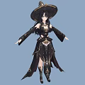 Woman In Ancient Style Black Traditional Outfit With Wide Brimmed Hat And Golden Decorations