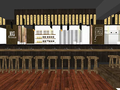 Modern Restaurant Interior With Wooden Bar Counter And Stools Silver Metal Equipment And Decorative Panels 3d model