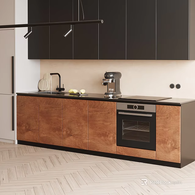 Modern Kitchen Interior With Black Upper And Wooden Lower Cabinets And Appliances 3d model 