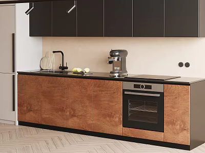 Modern Kitchen Interior With Black Upper And Wooden Lower Cabinets And Appliances 3d model