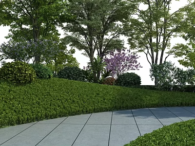 Beautiful Park Landscape with Lush Trees Flowering Shrubs and Stone Tile Walkway 3d model