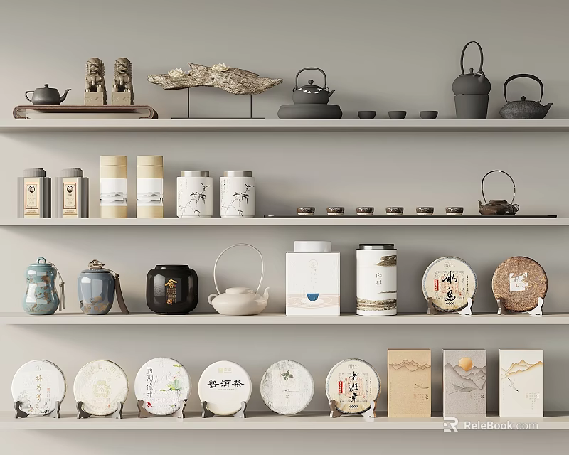 Elegant Tea Set Display With Teapots Teacups Tea Caddies And Decorative Items On Shelves 3d model 