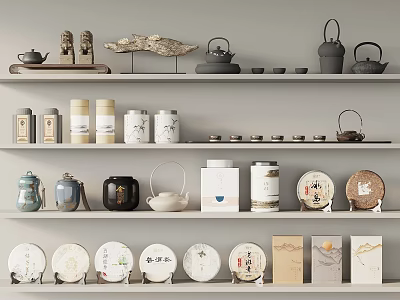 Elegant Tea Set Display With Teapots Teacups Tea Caddies And Decorative Items On Shelves 3d model