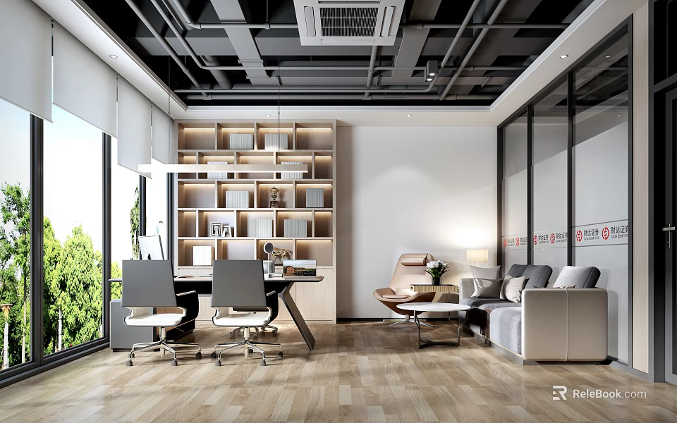 Modern Office Interior Design With Open Layout Bookshelves Desk And Sofa 3d model 