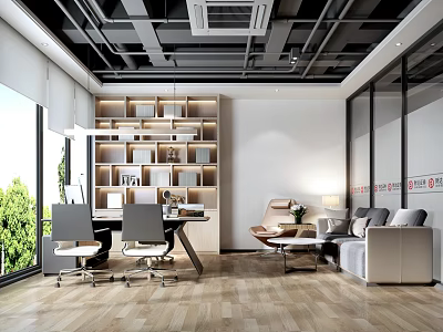 Modern Office Interior Design With Open Layout Bookshelves Desk And Sofa 3d model