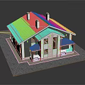 Cartoon Style Residential House 3D Model With Red Roof White Walls And Chimneys