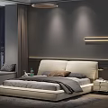 Modern Double Bed with Upholstered Headboard Gray Bedding Nightstand Strip Light and City Night View